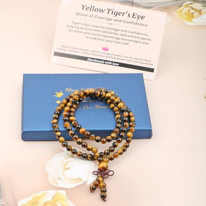 AD Beads 6mm 8mm 108 Prayer Mala Jasper Elastic Bracelet - Handmade Yoga Meditation Healing Power Energy Gifts for Unisex Adult. - color: Yellow Tiger's Eye(Courage)
