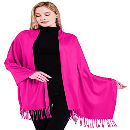 CJ Apparel Solid Color Tassels Design Nepalese Shawl Scarf Wrap Stole Throw Head Wrap Pashmina Gift Hand Made in Nepal New - color: Bright Pink