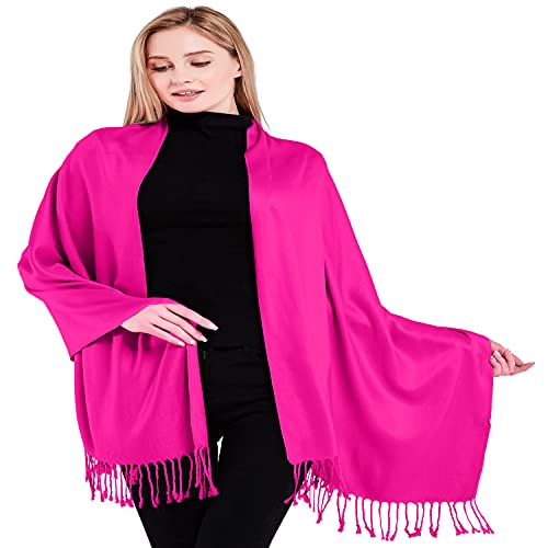 CJ Apparel Solid Color Tassels Design Nepalese Shawl Scarf Wrap Stole Throw Head Wrap Pashmina Gift Hand Made in Nepal New - color: Bright Pink