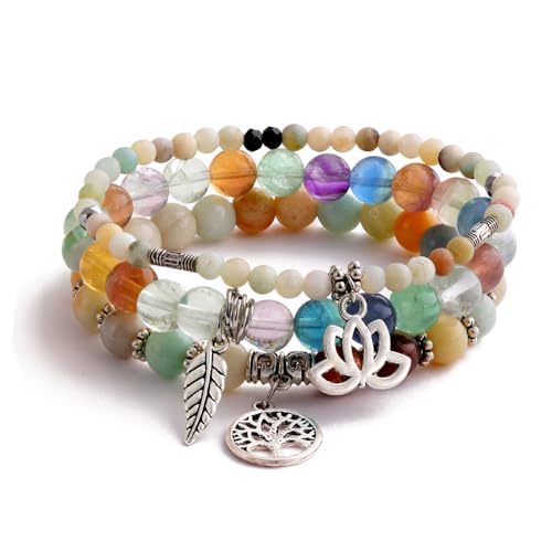 Tree of Life Yoga Healing Stone Bracelets,Multilayer Lotus Chakra Stone Reiki Bracelet Sets,Anxiety Crystal Natural Stone,for Women Stress Relief - style: Amazonite + Fluorite