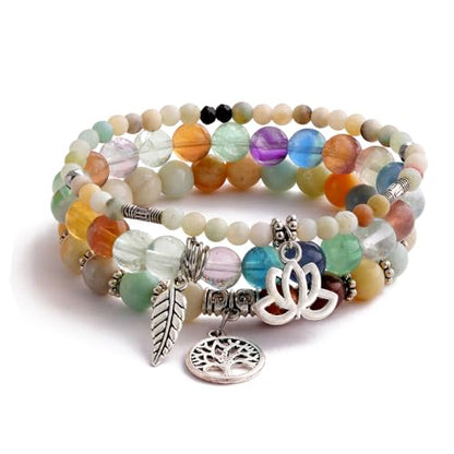 Tree of Life Yoga Healing Stone Bracelets,Multilayer Lotus Chakra Stone Reiki Bracelet Sets,Anxiety Crystal Natural Stone,for Women Stress Relief - style: Amazonite + Fluorite