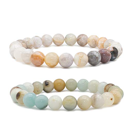 Bivei Natural Gemstone Semi Precious Healing Crystals Handmade Stretchy Round Beads Bracelet,Stocking Stuffers for Women Enhance Positive Energy - color: 8mm Bamboo Leaf Agate & Amazonite (Good Luck), size: Medium: 6.8-7.24 inch