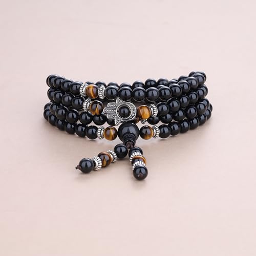 COAI 108 Mala Beads Hamsa Hand Bracelet, Wrap Bracelet Beaded Necklace for Men Women - style: Obsidian