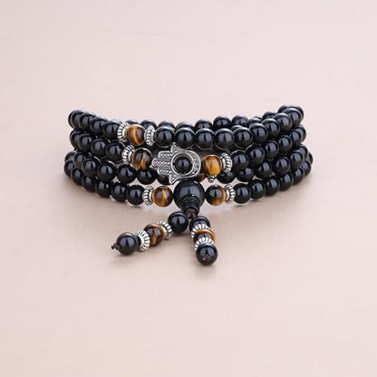 COAI 108 Mala Beads Hamsa Hand Bracelet, Wrap Bracelet Beaded Necklace for Men Women - style: Obsidian