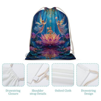 Chakra Yoga And Meditation Zen Lotusfloral Canvas Drawstring Backpack Lightweight String Bag for Sports Gym Travel Swimming Beach 30x40cm