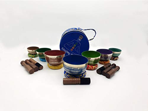 Nepal-Chakra Singing Bowl Set of 7 - Handcrafted Tibetan Sound Healing Bowls Gift Set Includes Carry Bag Seven Colors Cushion Mallet (7 Pcs)