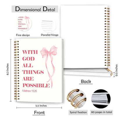 Pink Coquette Bow Christian Notebook, with God All Things are Possible Bible Journal, Prayer Journal for Woman, Church Notes Notebook, Scripture Hardcover Spiral Notebooks, 5.5x8.3 Inch - color: Color_4