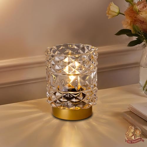 MJ PREMIER Battery Operated Lamp with Timer, Cordless Table Lamps for Shelf Decor, Rhombus Texture Aesthetic Crystal Lamp, Small Decorative Lamps for Bedroom/Bathroom/Kitchen/Entryway/Dorm (Clear) - color: Clear, size: 1 pack