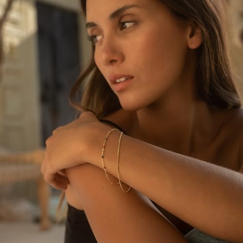 Made by Nami Dainty Gold Link Bracelets for Women Adjustable Double Layered Gold Chain Bracelet with Colorful Beads 7.5" + 2" Chain Extension - color: Colorful