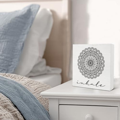 Zen Decor, Spiritual Decor, Inhale Mandala Wood Sign Home Office Meditation Room Bedroom Yoga Room Table Shelf Wall Desk Decoration 5×5 Inches