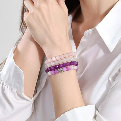 Fengling 4 PCS Beaded Crystal Bracelet for Women 8mm Natural Gemstones Handmade Bracelet for Girls Healing Stretch Bracelets Crystal Jewelry for Women Gifts - color: Lilac Jade &Natural Pink Crystal&Amethyst