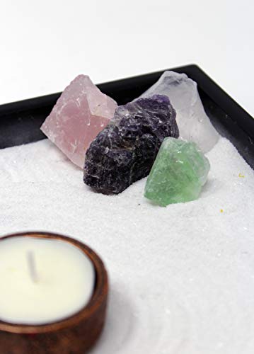 Nature's Mark Mini Zen Garden Kit for Desk with Rake, White Sand, Buddha Figures, Tea-Light Holder Black Square Base, River Rocks and Crystal (9Lx9W B)
