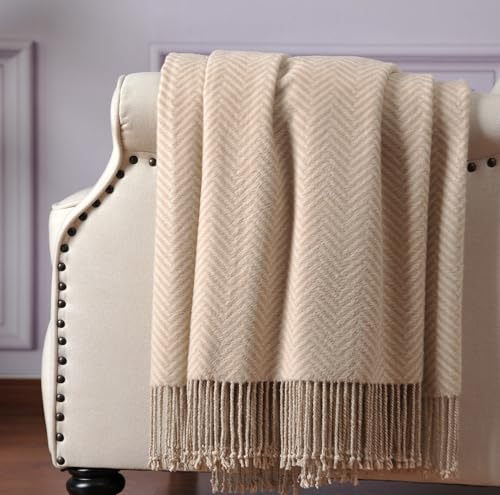 CUDDLE DREAMS Silk Throw Blanket with Hand-Knotted Fringe, Natural, Soft & Breathable (Herringbone-Taupe) - color: Herringbone-taupe