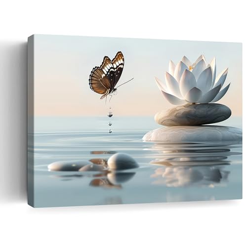 Lotus Floral Zen Stone Butterfly Bathroom Canvas Framed Wall Large Painting Pictures Farmhouse Rustic Vintage Retro Wall Art Wall Decor Artwork For Living Room Bedroom Home Wall Art Decor - color: Lotus Floral Zen Stone Butterfly, size: 16"L x 12"W