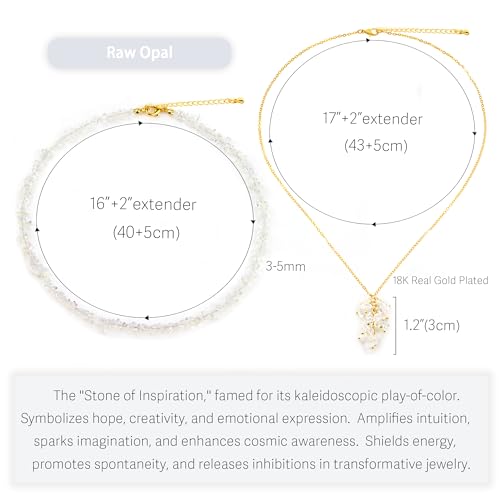 2Pcs Crystal Necklace for Women Handmade Choker Necklaces Pendant Necklace Natural Stone Gemstone Beaded Necklace 18k Gold Plated Adjustable Dainty Necklace for Women - color: Opal