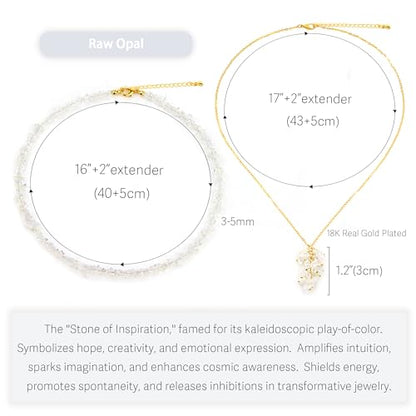 2Pcs Crystal Necklace for Women Handmade Choker Necklaces Pendant Necklace Natural Stone Gemstone Beaded Necklace 18k Gold Plated Adjustable Dainty Necklace for Women - color: Opal