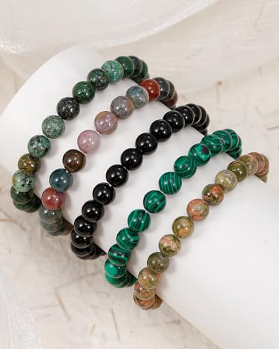 BOMAIL 5Pcs Healing Crystal Bracelets for Women 8mm Natural Stone Beaded Stretch Bracelet Set Handmade Semi-Precious Gemstone Bracelets - color: B
