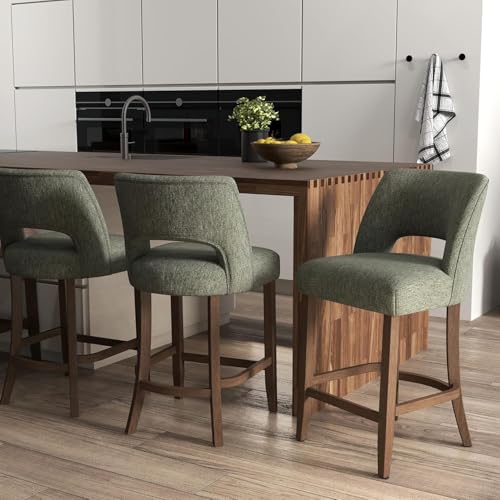 VKNOW Bar Stools Set of 2, 26" Upholstered Counter Height Bar Stools, Modern Counter Stools with Wood Legs for Kitchen Island Dining Room Bar, Green
