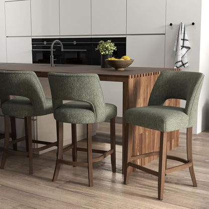 VKNOW Bar Stools Set of 2, 26" Upholstered Counter Height Bar Stools, Modern Counter Stools with Wood Legs for Kitchen Island Dining Room Bar, Green