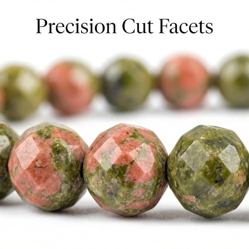 Angelstones Natural Gemstone Small Beaded Stretch Bracelet, 4mm Faceted Round Beads, Crystal Healing Bracelet for Women - color: Unakite