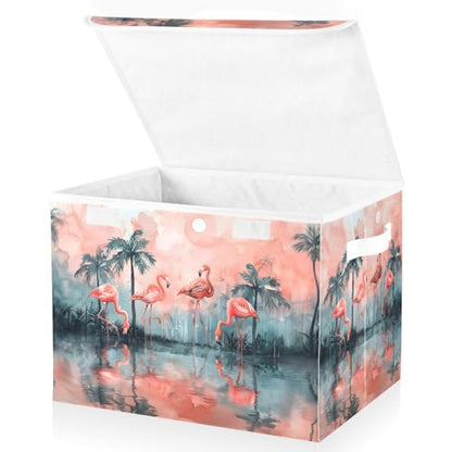 senya Large Storage Bins with Linen Collapsible Foldable Storage Cubes Fabric Closet Organizer Containers Box with Flip-Top Lid Home Bedroom Office 16.7 x 12.6 x 11.8in (Lovely Flamingos Palm Trees) - color: Lovely Flamingos Palm Trees