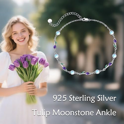 CRMAD 925 Sterling Silver Daisy/Sunflower Moonstone Anklet Daisy Flower Ankle Bracelet for Women Beach Dainty Jewelry - size: 9+2 inch, style: tulip