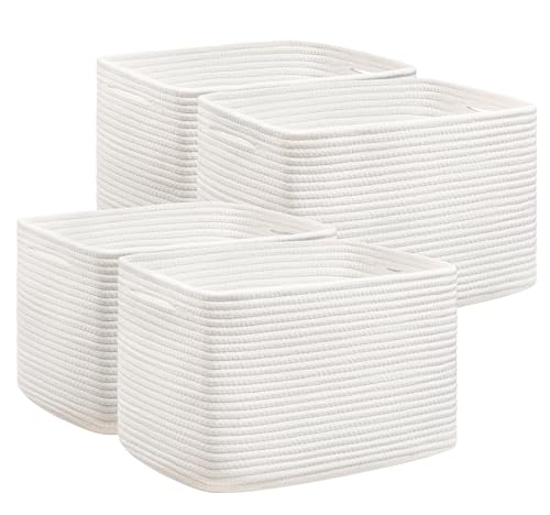 UBBCARE 4 Pack Baskets for Organizing, Woven Storage Baskets for Toys and Towel, Rectangle Cotton Rope Basket with Handles, 14''L x9''W x8''H, White - color: All White
