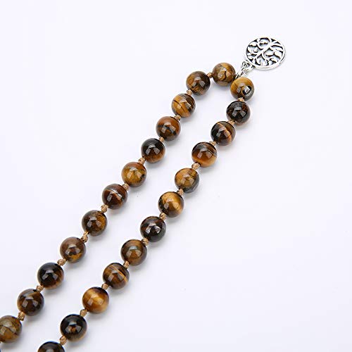 108 Mala Beads Necklace Semi-Precious Gem Stones Meditation Necklace 108 Hand Knotted Japa Mala Beaded Tassel Necklace with Tree of Life Pendant - color: Natural Tiger Eye