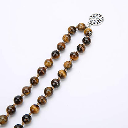 108 Mala Beads Necklace Semi-Precious Gem Stones Meditation Necklace 108 Hand Knotted Japa Mala Beaded Tassel Necklace with Tree of Life Pendant - color: Natural Tiger Eye