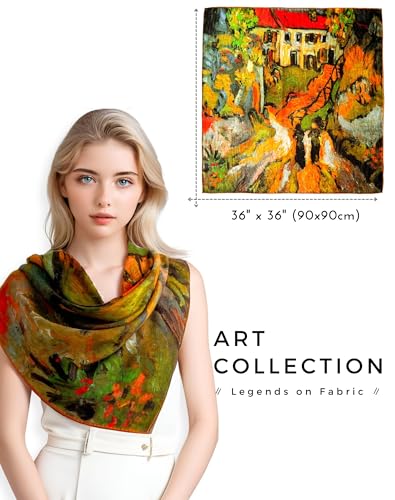 PoeticEHome Cashmere Scarf Wrap 36"x36" - Featherlight & Wrinkle-Free Artistic Square Shawl for Travel & Office, Gift Ready - color: Village Street in Auvers - 36"