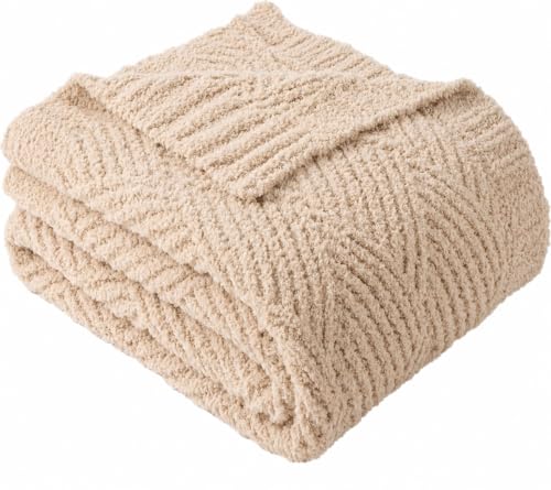 Beige Chenille Throw Blanket for Couch, Soft Diamond Textured Knit Tan Blanket, Cozy Lightweight Decorative Blankets for Sofa, 50"x60" - color: Beige