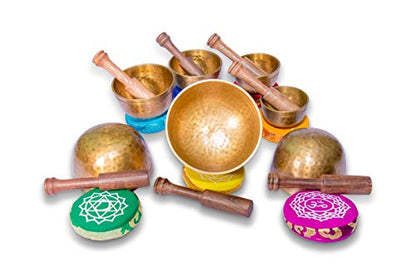 MASUM Tibetan Singing Bowl Set of 7, Authentic 7 metals for Yoga, Chakra healing, Deep Relaxation, Stress Relief and Mindfulness, Handmade in Nepal, comes w/ silk cushions an sticks MA-04