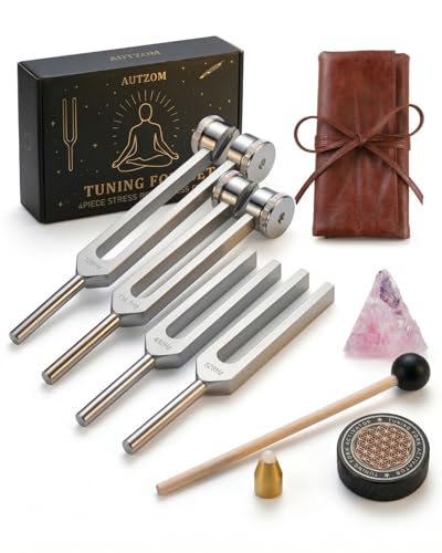 Tuning Forks for Healing Set - 128Hz, 136.1Hz, 256Hz, 384Hz for Stress Relief, Anxiety & Sleep, Healing Crystal Stone - Zen Tools, Mindfulness Yoga Accessories - Spiritual Gift