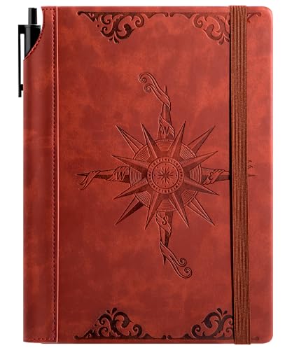 CAGIE Compass Leather Journal Gift for Men - Vintage Writing Notebook with Pen, 100 GSM 288 Page Lined Journal A5 Hardcover, 180° Lay Flat, Daily, Travel, Office & Gift Idea - color: Wine Red