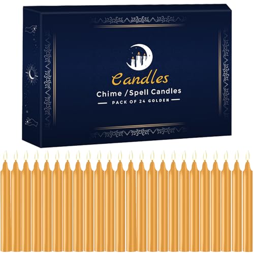24 Pack Golden Spell Chime Candles – Premium Mini Unscented Taper Candles for Rituals, Prayer, Meditation, Altar, Spells – 4" Tall – Ideal for Witches & Spiritual Practices - color: Golden