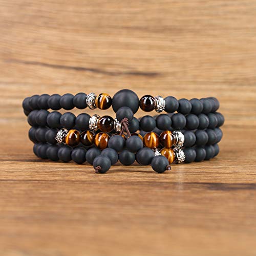 AmorWing 108 Mala Beads Brown Tiger Eye Matte Onyx Semi Precious Stone Bracelet Necklace