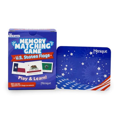 Menique U.S. States Flags Memory Matching Game – 100 Cards (50 Pairs) – Learn State Flags, Capitals & Abbreviations – Educational Card Game for Kids and Adults - style: U.S. States Flags