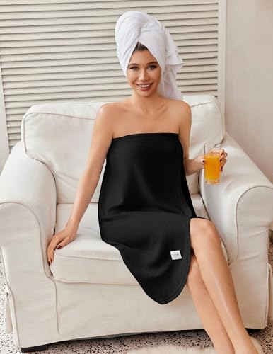 Ekouaer Waffle Robes For Women Bath Wrap Lightweight Shower Wrap 2026 Knee Length Spa Robe with Adjustable Closure S-XL - color: Black, size: Medium