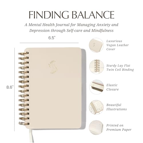 FINDING BALANCE Mental Health Journal – 6-Month Daily Journal with Prompts for Mindfulness, Self-Care & Healing – Anxiety & Depression Relief – Beige Spiral