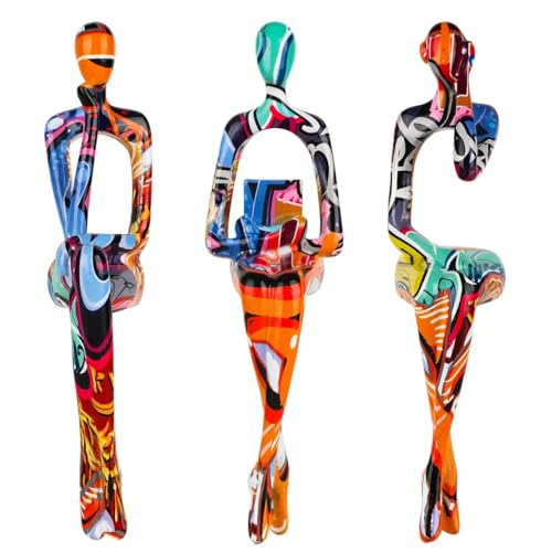 3-Piece Graffiti Abstract Women Thinker Sculptures, Colorful Resin Modern Art Figurines for Home Living Room Office Shelf Table Desk Bookshelf Decor - color: Graffiti B