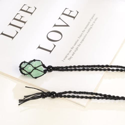 Natural unprocessed crystal raw stone hand woven rope adjustable necklace pendant for both men and women - color: Green Fluorite