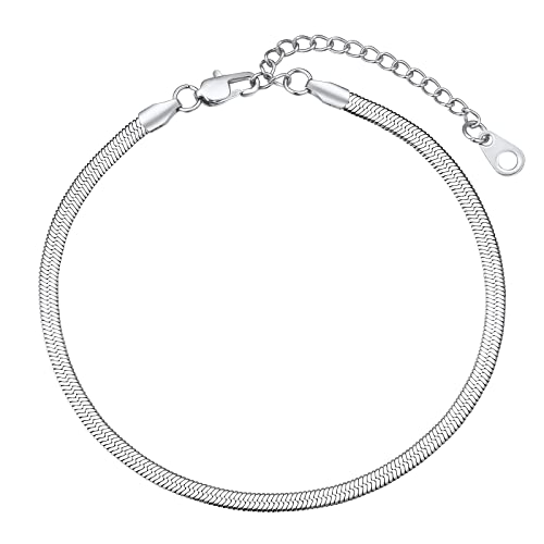 FindChic Elegant Herringbone Snake Chain Anklets/Bracelets 3MM/5MM Width Stainless Steel/18K Gold/Rose Gold Plated/Black 4 Color Options, 8.3'' 8.5'' 10.5'' Length, with Gift Box - color: A: 3mm 8.5'' anklet (Stainless Steel)