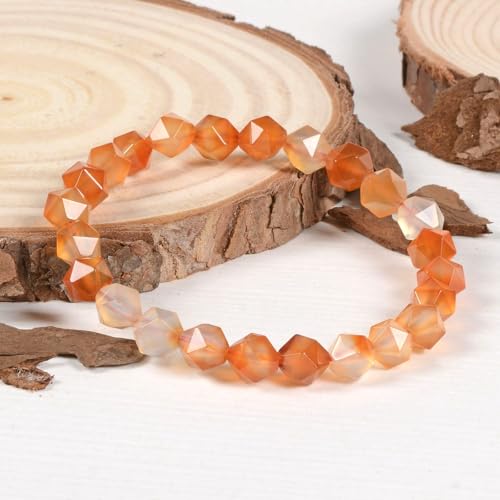 Justinstones 8mm Natural Gemstone Round Beads Triangle Faceted Charm Stretch Bracelet 6.5" - color: Red Orange Agate