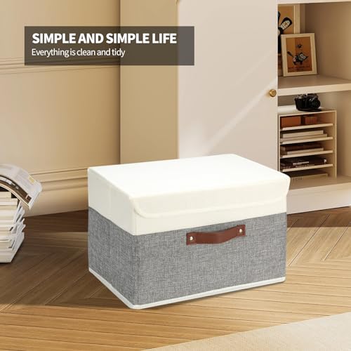 8 Pack Storage Bins Foldable Storage Boxes Fabric Storage Box with Lid & Handle Large Washable Organizer Bulk for Office, Home, Books, Clothes, Bedroom, Closet, (15INx10INx10IN White/Grey)
