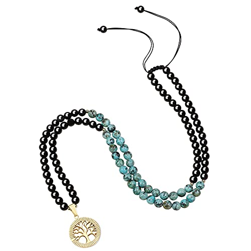 COAI Tree of Life Necklace 108 Mala Beads, Women's Men's Beaded Necklace, Japa Mala for Yoga Meditation 6mm - style: Obsidian & African Turquoise