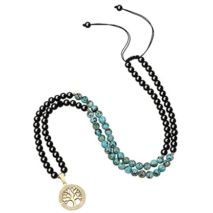 COAI Tree of Life Necklace 108 Mala Beads, Women's Men's Beaded Necklace, Japa Mala for Yoga Meditation 6mm - style: Obsidian & African Turquoise
