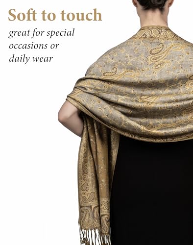 Achillea Reversible Paisley Pashmina Rave Scarf – Exotic Indian Shawls and Wraps for Evening Dresses, Festivals, All Seasons - color: Grey Bronze