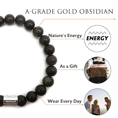 Morchic 8mm Genuine Gemstone Stretch Bracelet for Women Men Unisex, Natural Energy Crystal Stone Beads, Classic Simple Design Cuff Birthday Gift 7.5 Inch - color: Golden Obsidian