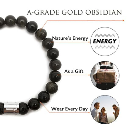 Morchic 8mm Genuine Gemstone Stretch Bracelet for Women Men Unisex, Natural Energy Crystal Stone Beads, Classic Simple Design Cuff Birthday Gift 7.5 Inch - color: Golden Obsidian