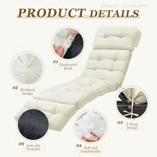 Outdoor Chaise Lounge Chair Cushion 75.1 x 23.6 x 4.7in, Waterproof Replacement Cotton Patio Thickened Pool Lounge Chair Cushion with Ties for Patio Outdoor Furniture,Beige - color: Beige